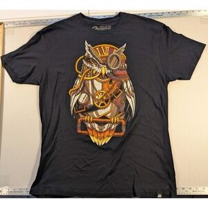 INTO THE AM Men's XL Black Graphic T-Shirt Steampunk Owl Clockwork Gear Design